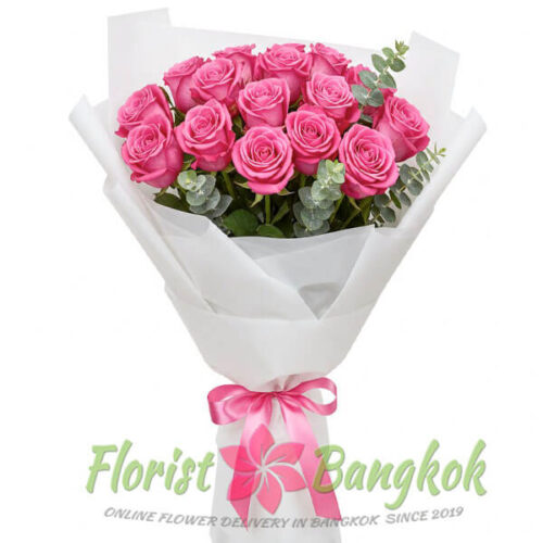 15 Hot Pink Roses bouquet in white wrapper from Florist-Bangkok