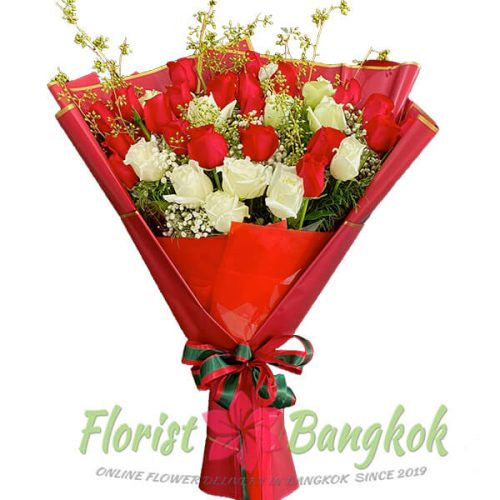 30 White and Red Roses - Florist-Bangkok