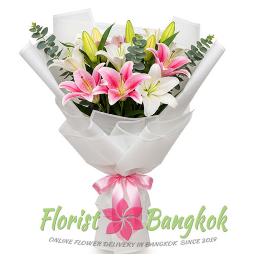 Pink and White lilies bouquet from Florist-Bangkok flower shop
