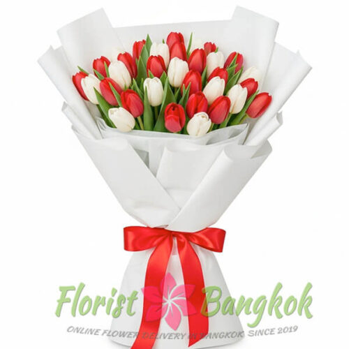 Red and White tulips bouquet from Florist-Bangkok
